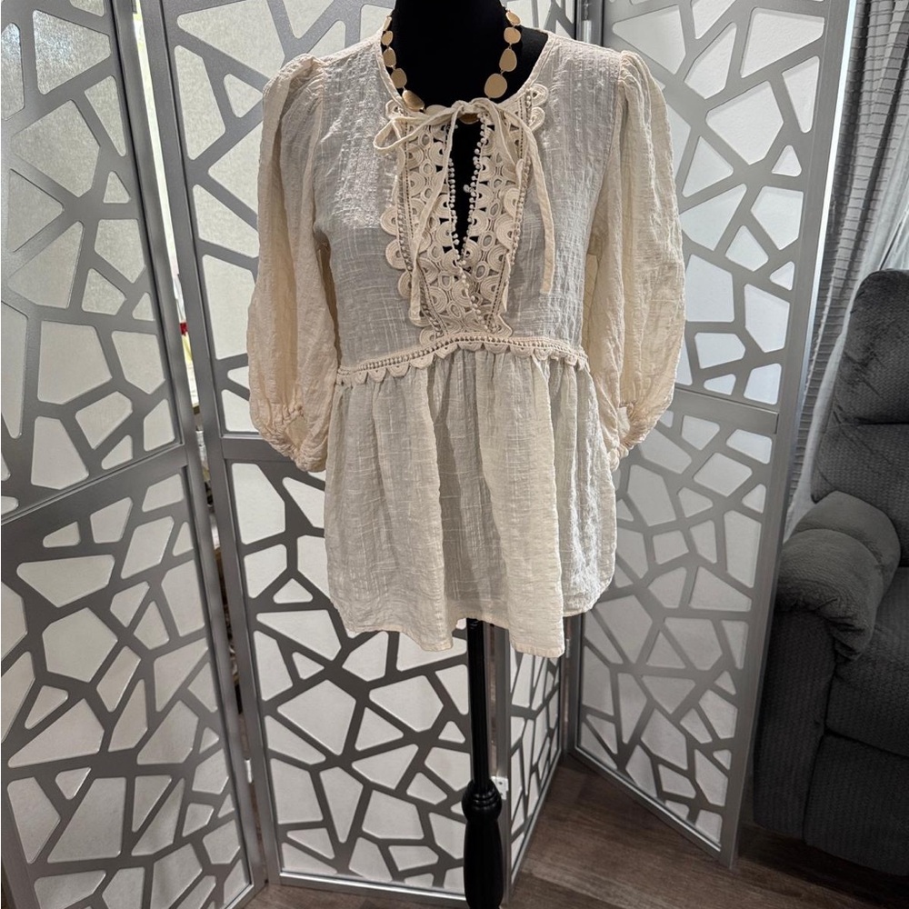Max Studio Cream Lace-Up Blouse